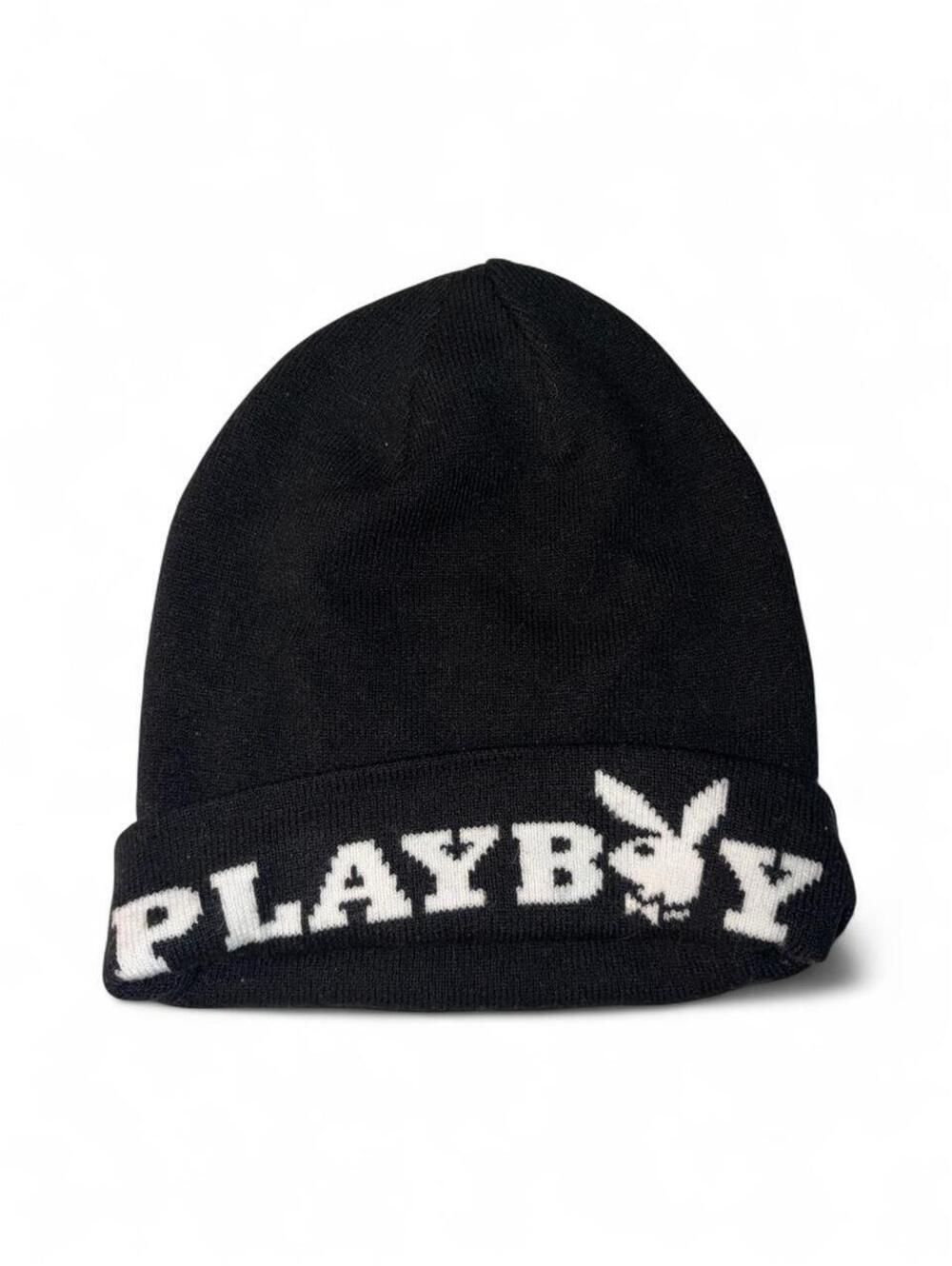 Playboy Bunny Embroidered Knit Cuffed Beanie Hat - Black/White (One Size)